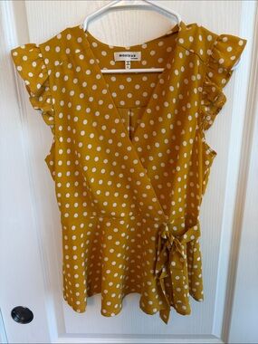 Monteau Yellow Polka Dot Wrap Blouse with Ruffle Sleeves